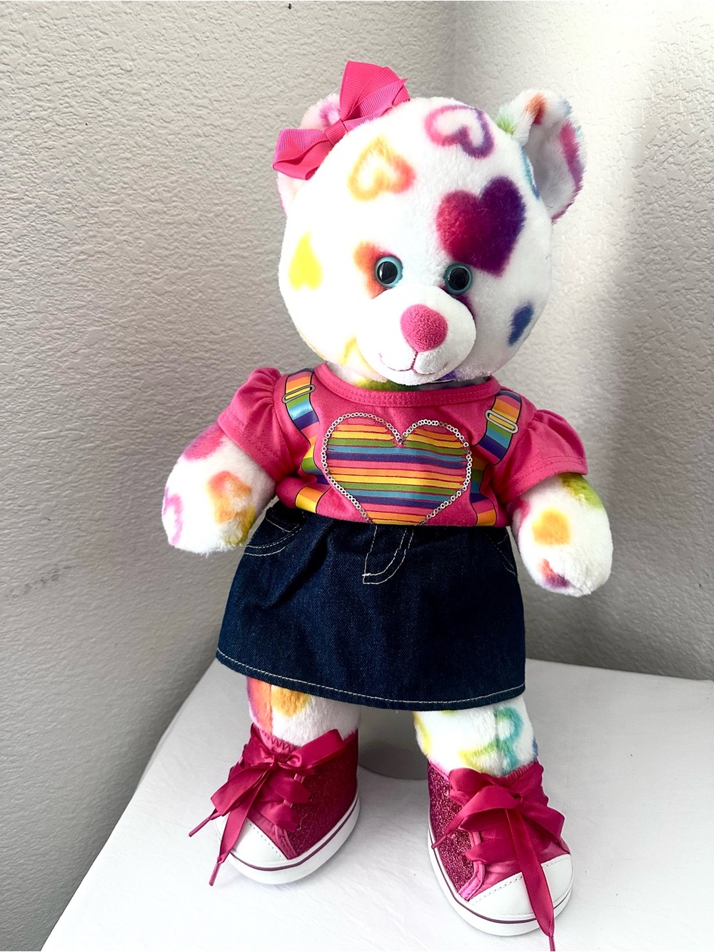 Build-A-Bear Rainbow Hearts 17" White Teddy Bear Plush W/ Clothes & Bow EUC